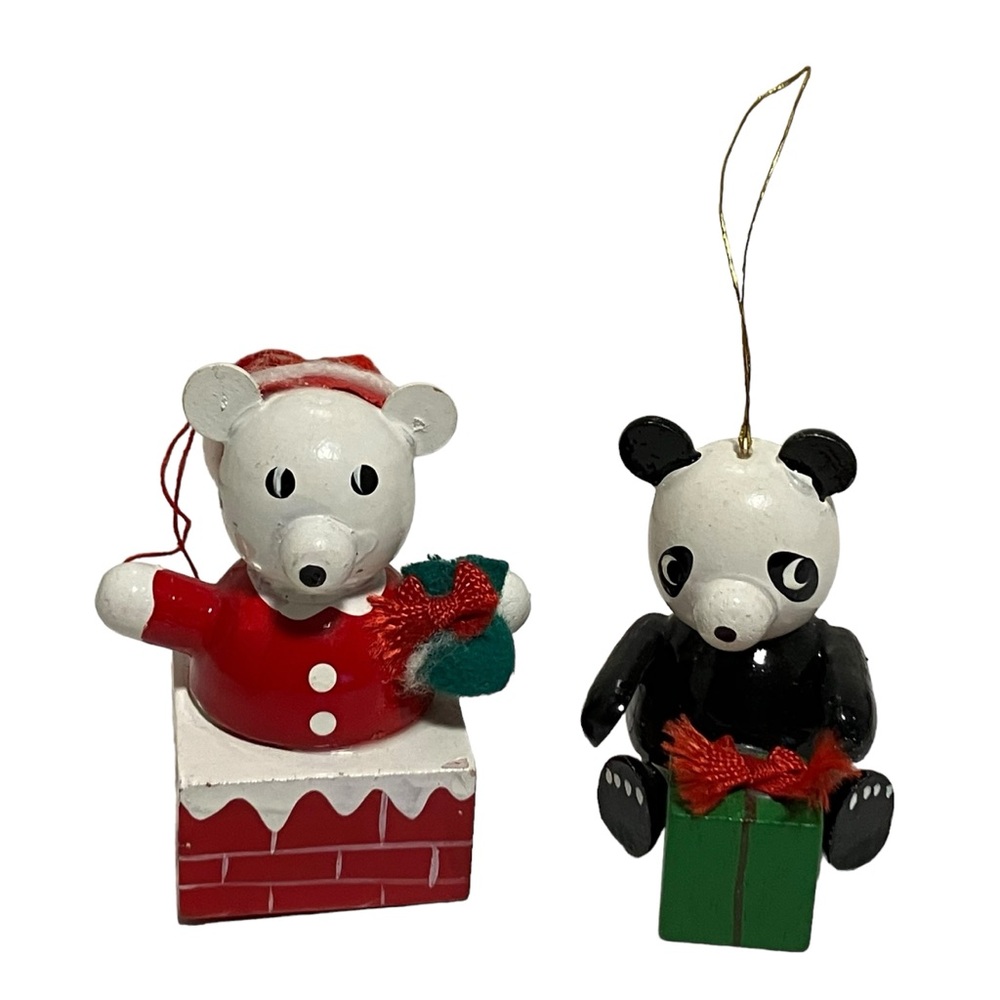 Vintage 1980 Fun Farm Wooden Christmas Ornaments Santa Polar Bear & Panda Bear
